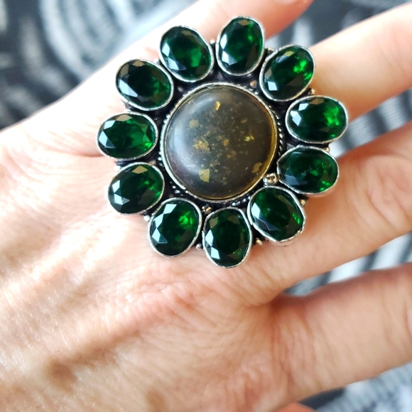 New Stunning Amber & Diopside 925 Silver Statement Ring. - Picture 12 of 15